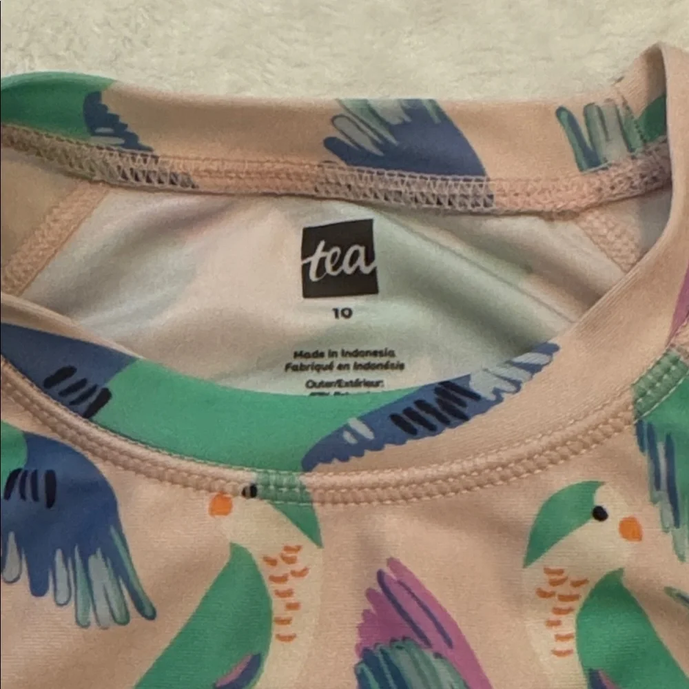 Tea Collection Girls Size 10 Bird Print Long Sleeve Rash Guard Swim Top UPF